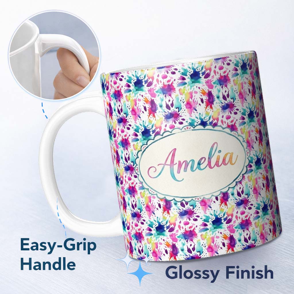 Personalized Custom Name Bright Rainbow Watercolor Splash Vibrant Artistic Seamless Pattern 11oz Ceramic Coffee Tea Mug White Large Handle