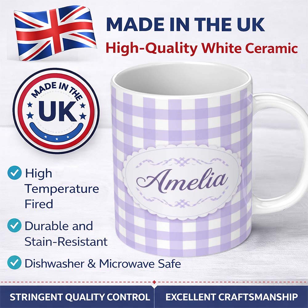 Personalized Custom Name Soft Purple And White Gingham Check Seamless Pattern Classic Lovely 11oz Ceramic Coffee Tea Mug White Large Handle