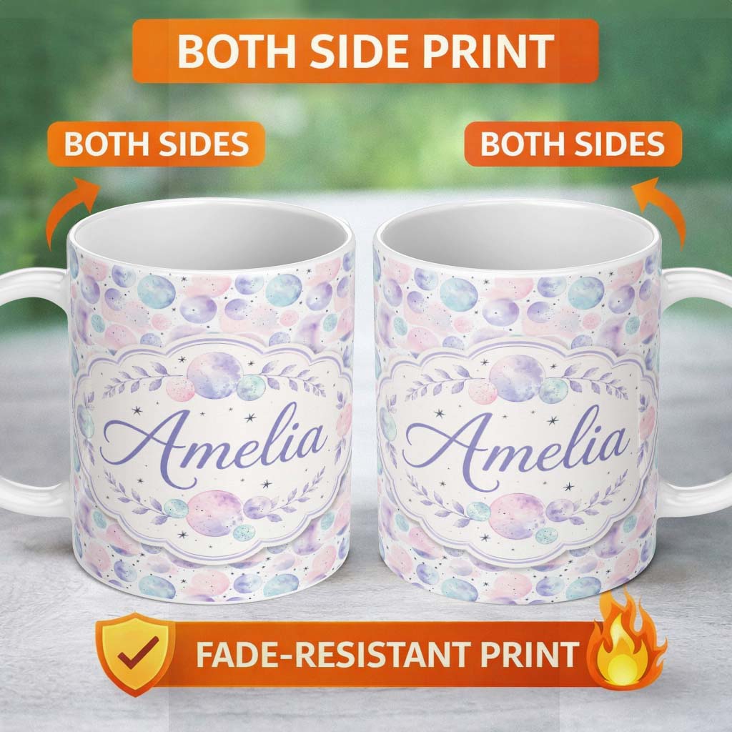 Personalized Custom Name Soft Pastel Galaxy Circles and Stars Seamless Pattern Lovely 11oz Ceramic Coffee Tea Mug White Large Handle