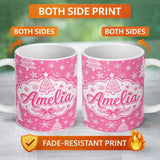 Personalized Custom Name Pink Christmas Trees Snowflake Star Seamless Pattern Lovely 11oz Ceramic Coffee Tea Mug White Large Handle