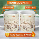 Personalized Custom Name Cute Woodland Hedgehog Mushrooms Leaves Seamless Pattern Light Beige 11oz Ceramic Coffee Tea Mug White Large Handle