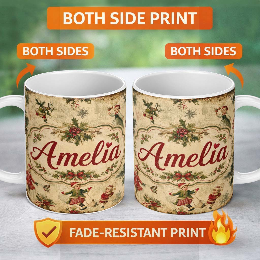 Personalized Custom Name Vintage Christmas Children Tree Holiday Festive Seamless Pattern 11oz Ceramic Coffee Tea Mug White Large Handle