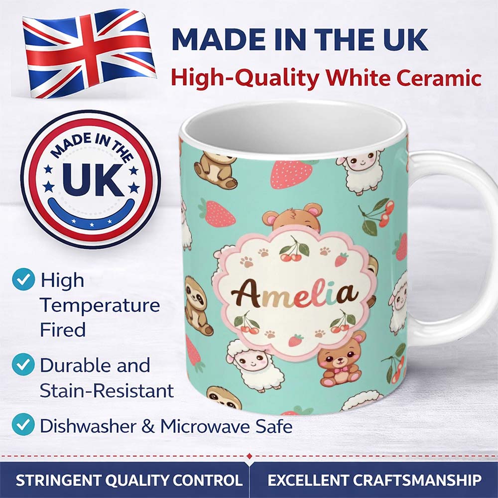 Personalized Custom Name Cute Bear Sloth Lamb Cherry Strawberry Seamless Pattern on Mint 11oz Ceramic Coffee Tea Mug White Large Handle