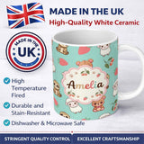 Personalized Custom Name Cute Bear Sloth Lamb Cherry Strawberry Seamless Pattern on Mint 11oz Ceramic Coffee Tea Mug White Large Handle