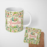 Personalized Custom Name Fresh Green Cactus Floral Garden Bright Seamless Pattern Design 11oz Ceramic Coffee Tea Mug White Large Handle