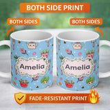 Personalized Custom Name Cute Kawaii Garden Tools Plants Bees Seamless Pattern Blue Floral 11oz Ceramic Coffee Tea Mug White Large Handle