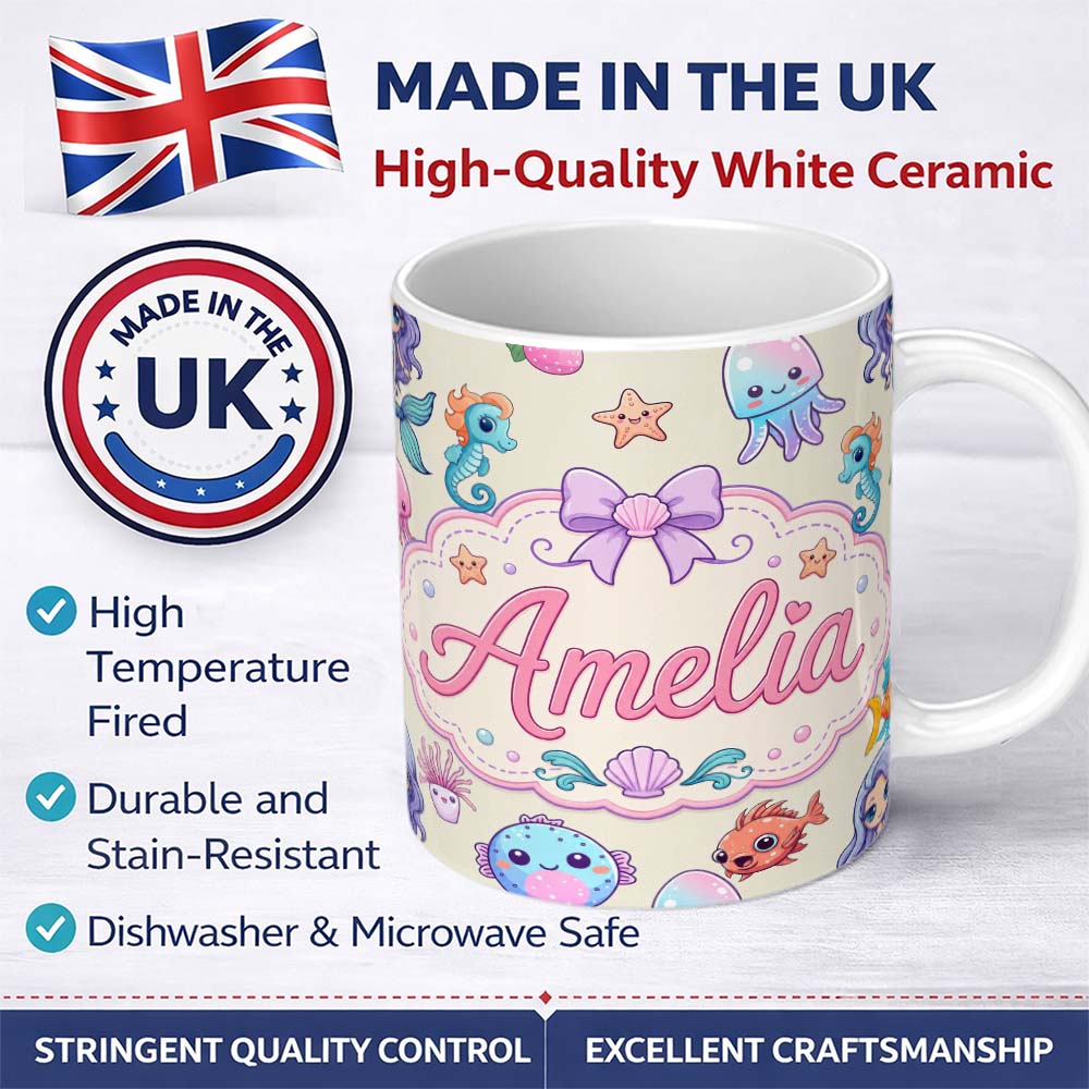 Personalized Custom Name Cute Kawaii Mermaid Seahorse Jellyfish and Starfish Ocean Seamless 11oz Ceramic Coffee Tea Mug White Large Handle