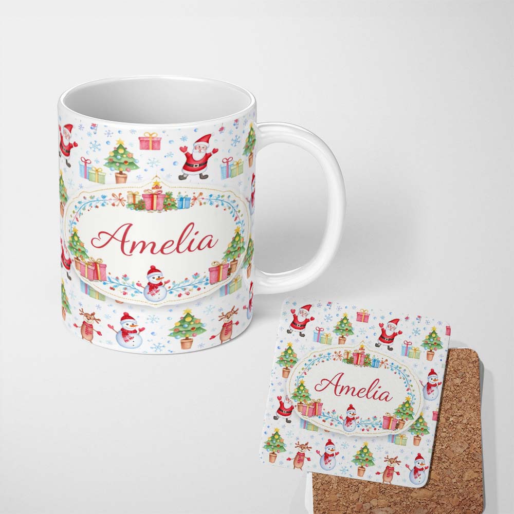 Personalized Custom Name Santa Reindeer Christmas Tree Pattern Cute Holiday Seamless Design 11oz Ceramic Coffee Tea Mug White Large Handle