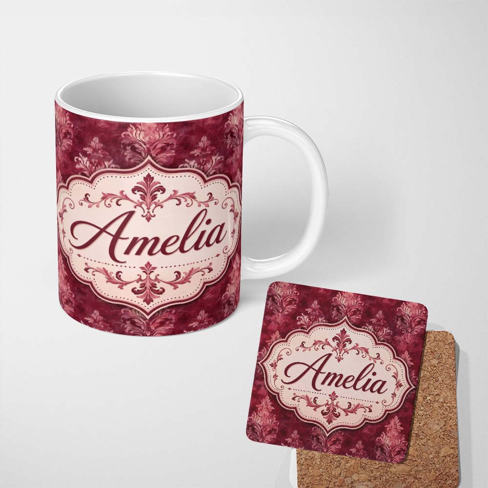 Personalized Custom Name Rich Burgundy Watercolor Damask Ornamental Seamless Pattern Lovely 11oz Ceramic Coffee Tea Mug White Large Handle