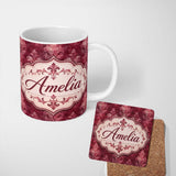 Personalized Custom Name Rich Burgundy Watercolor Damask Ornamental Seamless Pattern Lovely 11oz Ceramic Coffee Tea Mug White Large Handle
