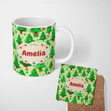 Personalized Custom Name Bright Green Christmas Trees with Gifts Candy Canes and Ornaments 11oz Ceramic Coffee Tea Mug White Large Handle