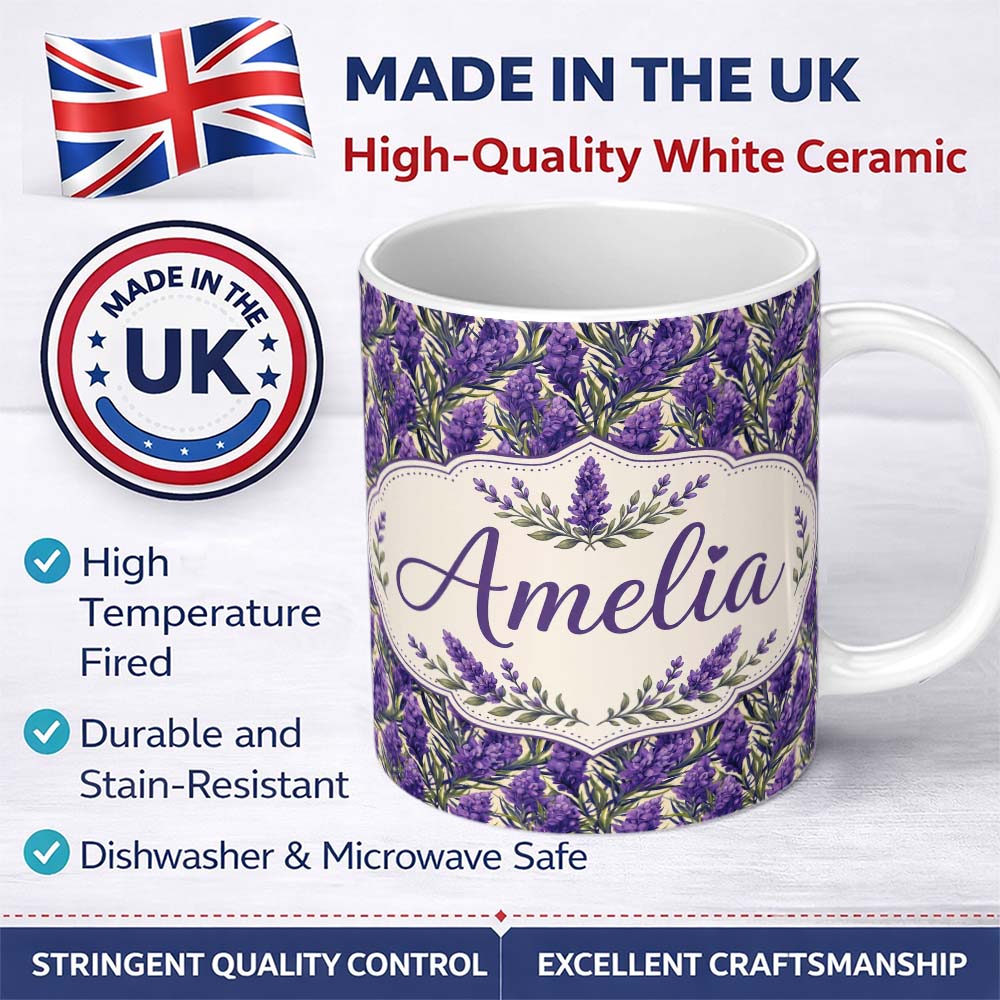 Personalized Custom Name Bold Purple Lavender Floral Seamless Pattern with Dense Botanical 11oz Ceramic Coffee Tea Mug White Large Handle