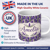 Personalized Custom Name Bold Purple Lavender Floral Seamless Pattern with Dense Botanical 11oz Ceramic Coffee Tea Mug White Large Handle