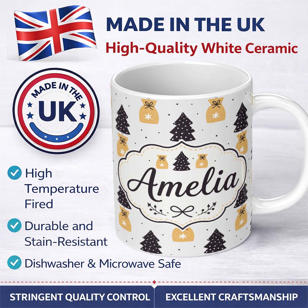 Personalized Custom Name Scandi Christmas Trees Gift Bags Neutral Festive Seamless Pattern 11oz Ceramic Coffee Tea Mug White Large Handle