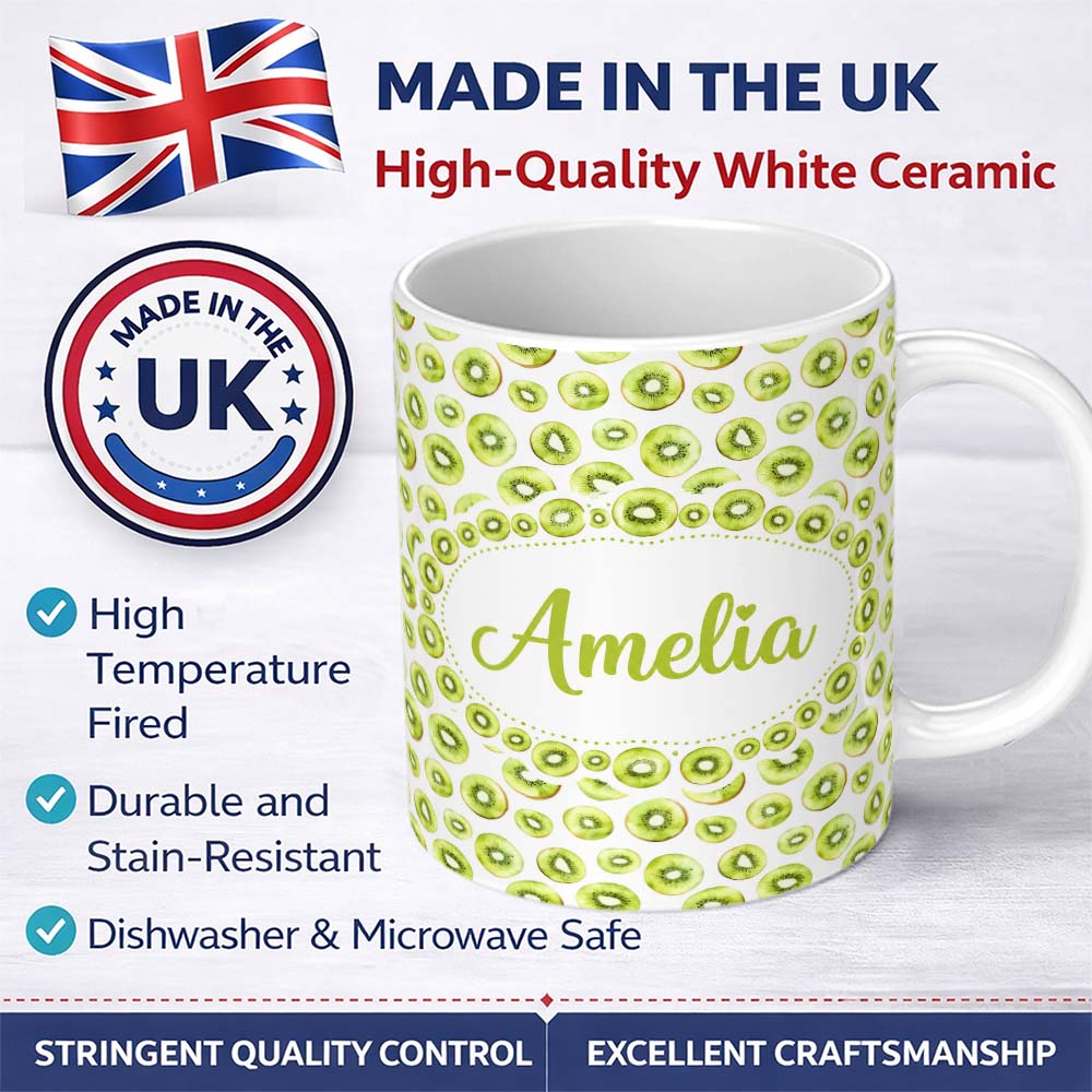 Personalized Custom Name Fresh Kiwi Slice Repeating Seamless Pattern on Light Background 11oz Ceramic Coffee Tea Mug White Large Handle