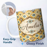 Personalized Custom Name Mustard Yellow and Teal Aztec Geometric Tribal Seamless Pattern 11oz Ceramic Coffee Tea Mug White Large Handle