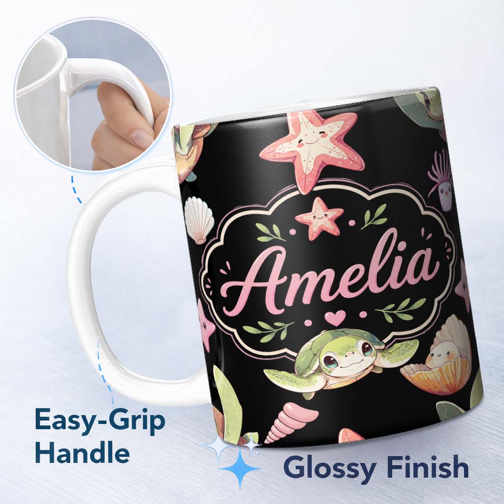 Personalized Custom Name Cute Cartoon Sea Turtle Starfish Shells on Black Background Seamless 11oz Ceramic Coffee Tea Mug White Large Handle