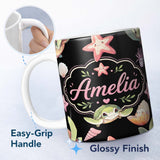 Personalized Custom Name Cute Cartoon Sea Turtle Starfish Shells on Black Background Seamless 11oz Ceramic Coffee Tea Mug White Large Handle