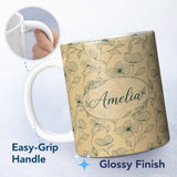 Personalized Custom Name Vintage Beige Floral Botanical Pattern with Fine Line Art Leaves 11oz Ceramic Coffee Tea Mug White Large Handle