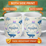 Personalized Custom Name Cute Dolphin Shark and Jellyfish Ocean Animals Neutral Beige Lovely 11oz Ceramic Coffee Tea Mug White Large Handle