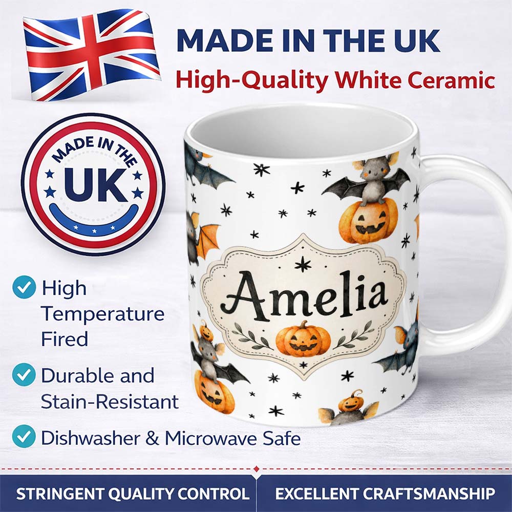 Personalized Custom Name Cute Halloween Bats Sitting on Pumpkins with Stars Grey Background 11oz Ceramic Coffee Tea Mug White Large Handle
