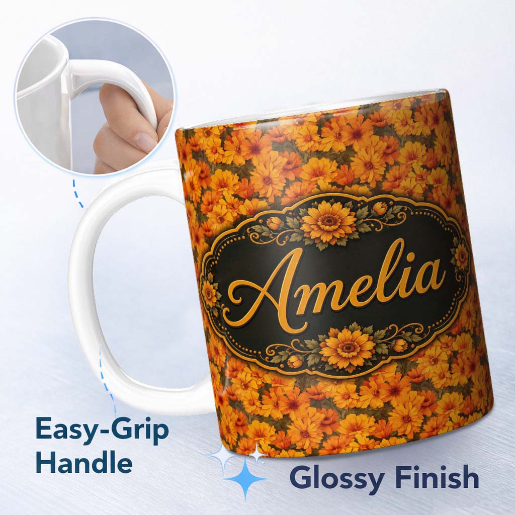 Personalized Custom Name Dense Chrysanthemum Floral Pattern in Orange and Cream on Black 11oz Ceramic Coffee Tea Mug White Large Handle