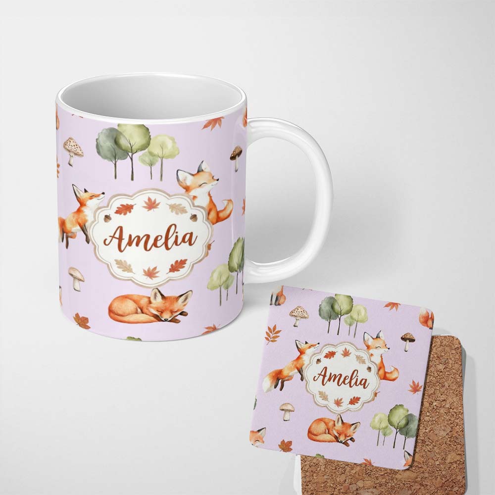 Personalized Custom Name Woodland Fox with Trees Leaves Mushrooms Soft Lavender Seamless 11oz Ceramic Coffee Tea Mug White Large Handle
