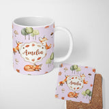Personalized Custom Name Woodland Fox with Trees Leaves Mushrooms Soft Lavender Seamless 11oz Ceramic Coffee Tea Mug White Large Handle