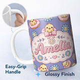 Personalized Custom Name Cute Baby Chick Donut Flowers Seamless Pattern Purple Background 11oz Ceramic Coffee Tea Mug White Large Handle