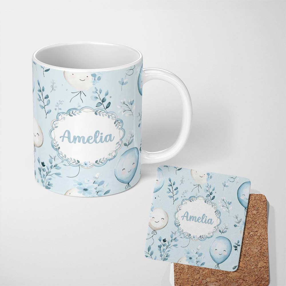 Personalized Custom Name Cute Pastel Balloons with Leaves Light Blue Background Seamless 11oz Ceramic Coffee Tea Mug White Large Handle