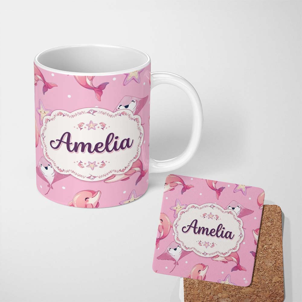 Personalized Custom Name Cute Pink Dolphins and Starfish Seamless Ocean Pattern Pink Lovely 11oz Ceramic Coffee Tea Mug White Large Handle