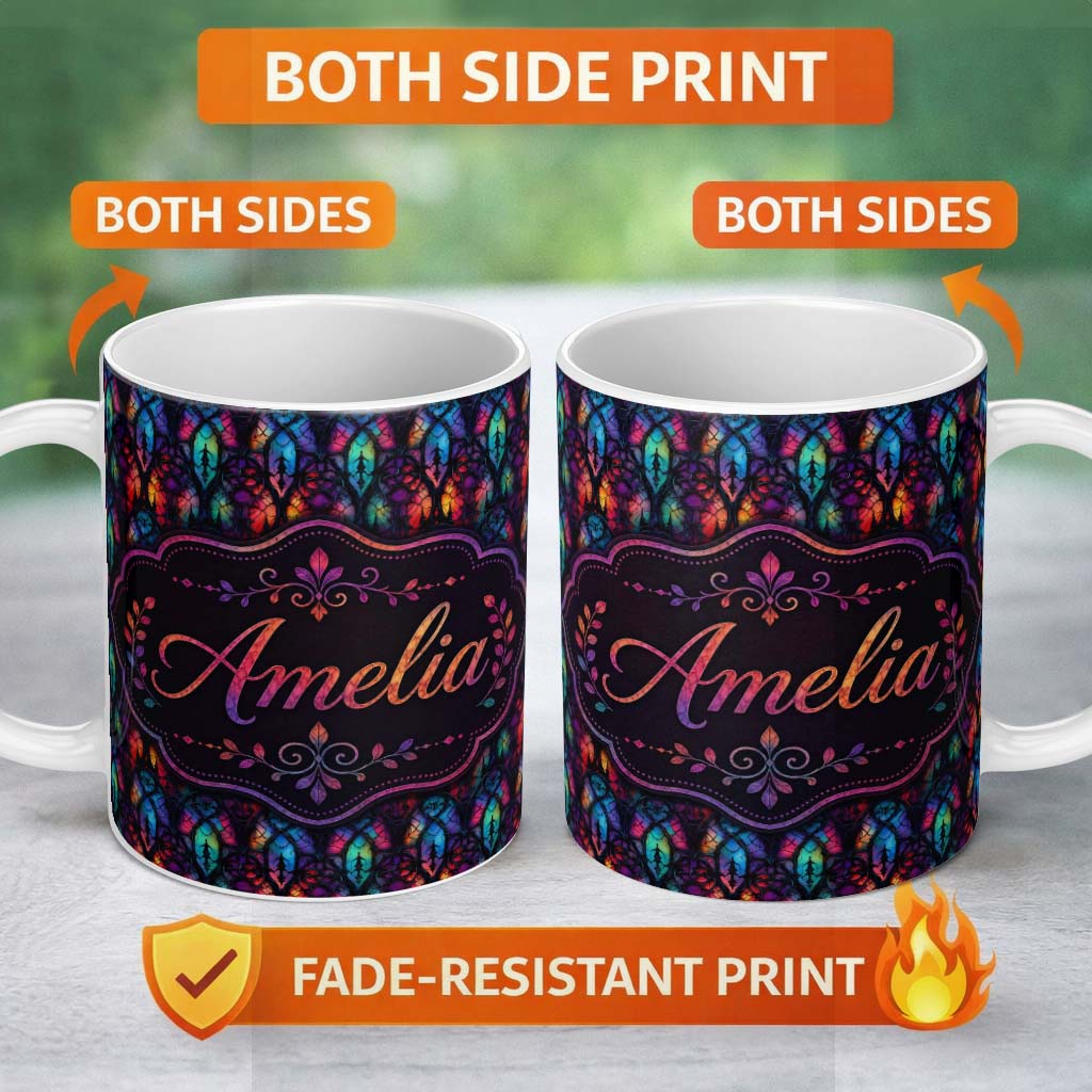 Personalized Custom Name Vibrant Stained Glass Gothic Arch Multicolour Seamless Pattern 11oz Ceramic Coffee Tea Mug White Large Handle