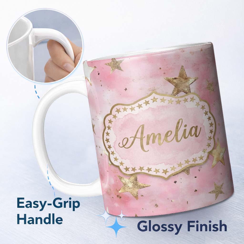 Personalized Custom Name Gold Star Pink Watercolor Textured Festive Seamless Pattern Lovely 11oz Ceramic Coffee Tea Mug White Large Handle