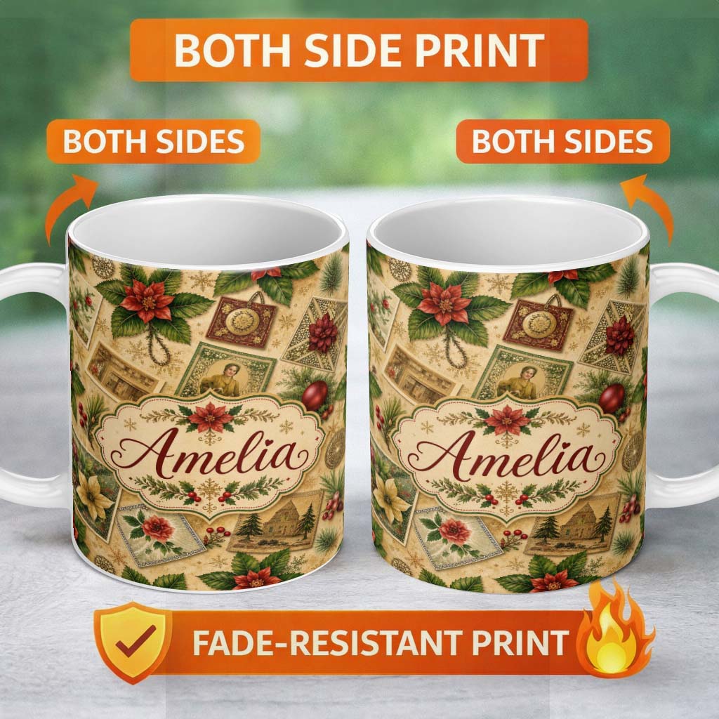 Personalized Custom Name Vintage Christmas Postcards Poinsettia Holly Antique Collage Lovely 11oz Ceramic Coffee Tea Mug White Large Handle