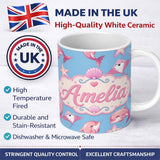 Personalized Custom Name Cute Pink Dolphin Stingray Starfish Ocean Creatures Light Blue 11oz Ceramic Coffee Tea Mug White Large Handle