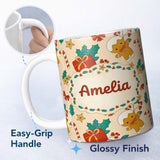 Personalized Custom Name Cute Gingerbread Candy Cane Gift Seamless Pattern Design Sweet 11oz Ceramic Coffee Tea Mug White Large Handle