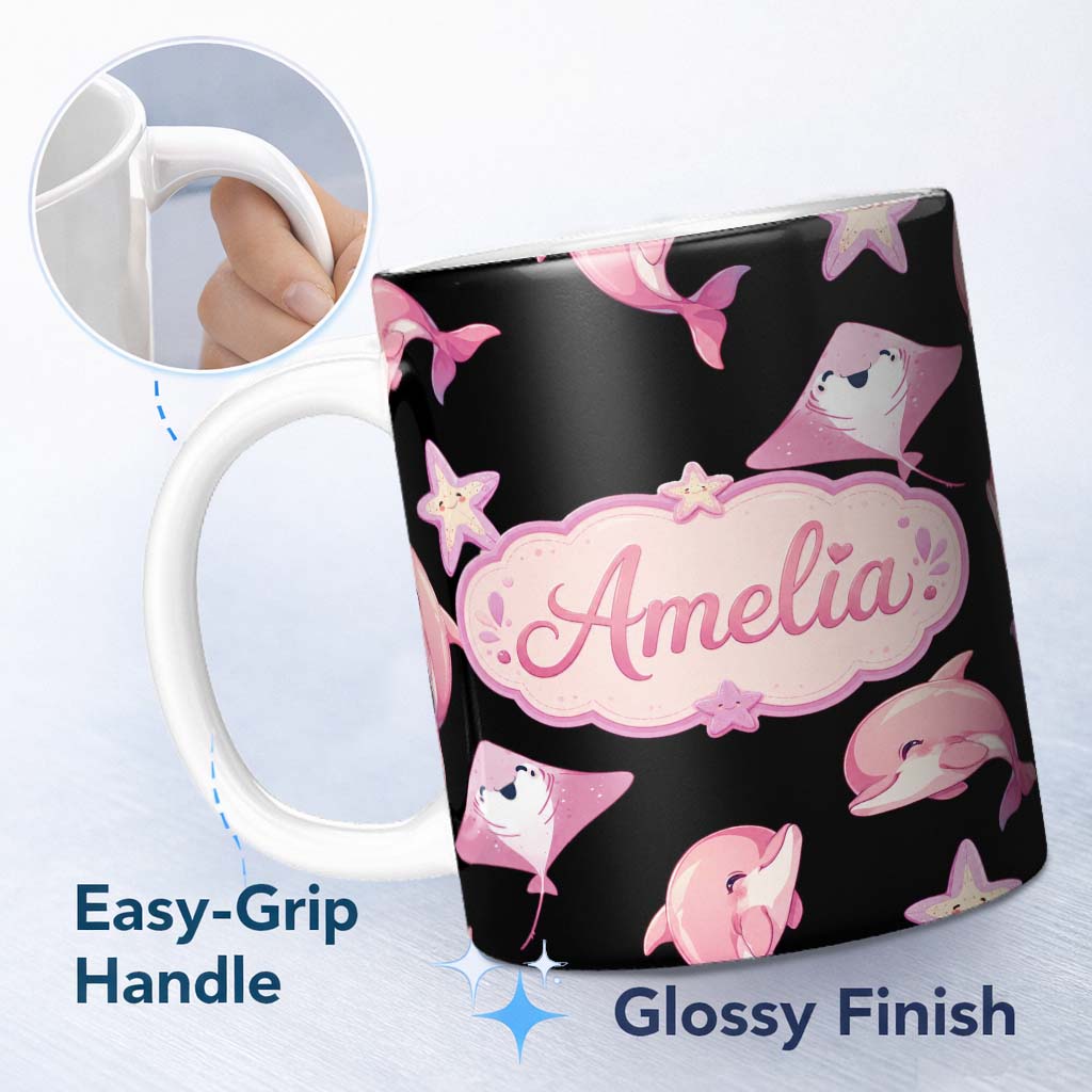Personalized Custom Name Cute Pink Dolphins and Starfish Seamless Ocean Light Grey Background 11oz Ceramic Coffee Tea Mug White Large Handle