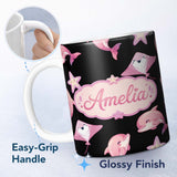 Personalized Custom Name Cute Pink Dolphins and Starfish Seamless Ocean Light Grey Background 11oz Ceramic Coffee Tea Mug White Large Handle