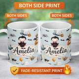 Personalized Custom Name Halloween Vampire Ghost Bats Spooky Characters Pale Blue Seamless 11oz Ceramic Coffee Tea Mug White Large Handle