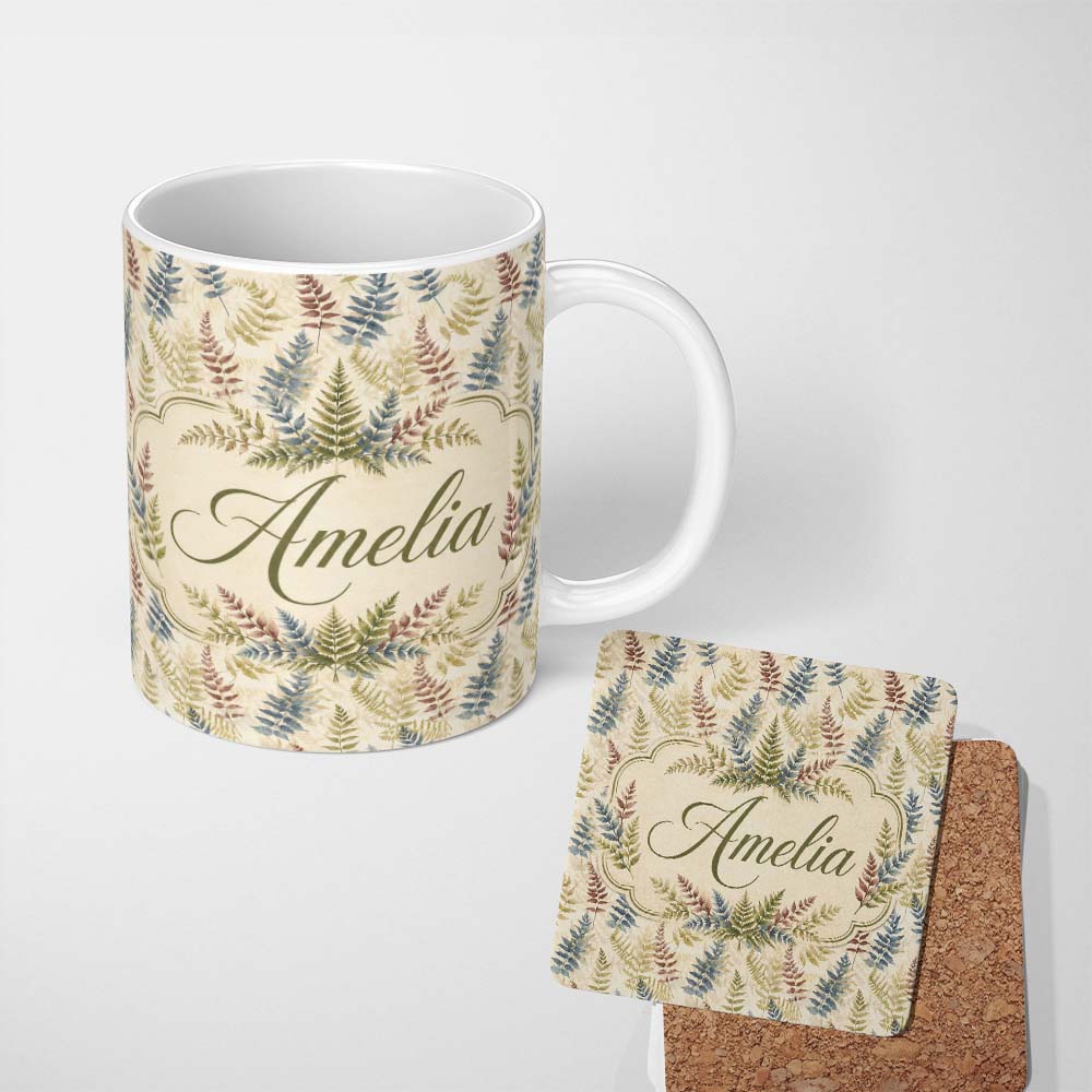 Personalized Custom Name Muted Multicolour Fern Leaves Watercolor Botanical Pattern Lovely 11oz Ceramic Coffee Tea Mug White Large Handle