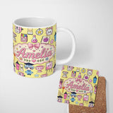 Personalized Custom Name Cute Kawaii Graduation School Science Art Supplies Pattern Yellow 11oz Ceramic Coffee Tea Mug White Large Handle