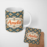 Personalized Custom Name Beige Brown Vintage Floral Tile Classic Seamless Pattern Lovely 11oz Ceramic Coffee Tea Mug White Large Handle