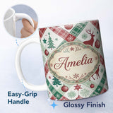 Personalized Custom Name Blue Background Cute Santa Christmas Seamless Pattern Lovely 11oz Ceramic Coffee Tea Mug White Large Handle