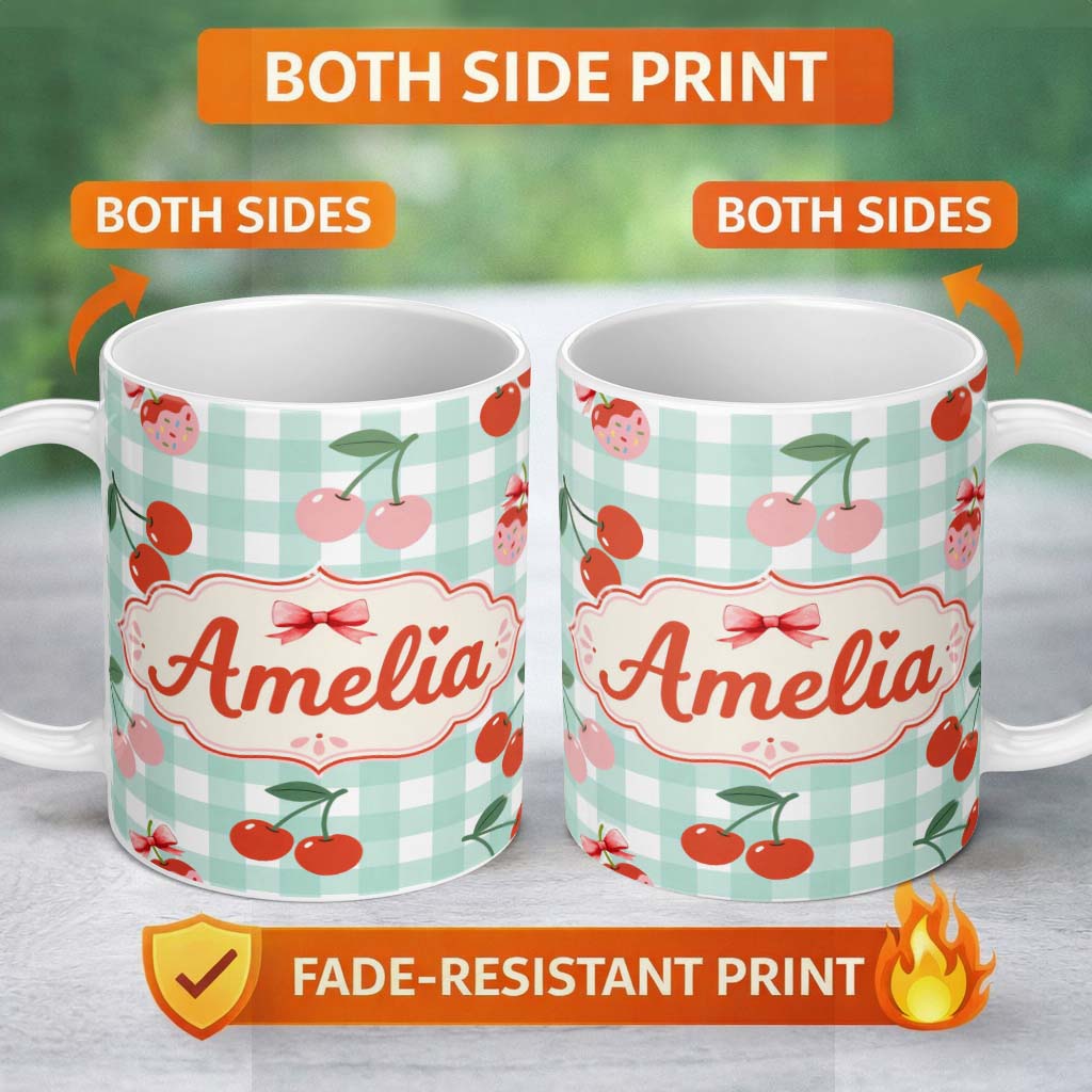 Personalized Custom Name Cherry Fruit Pink Gingham Picnic Check Seamless Pattern Lovely 11oz Ceramic Coffee Tea Mug White Large Handle