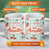 Personalized Custom Name Cherry Fruit Pink Gingham Picnic Check Seamless Pattern Lovely 11oz Ceramic Coffee Tea Mug White Large Handle