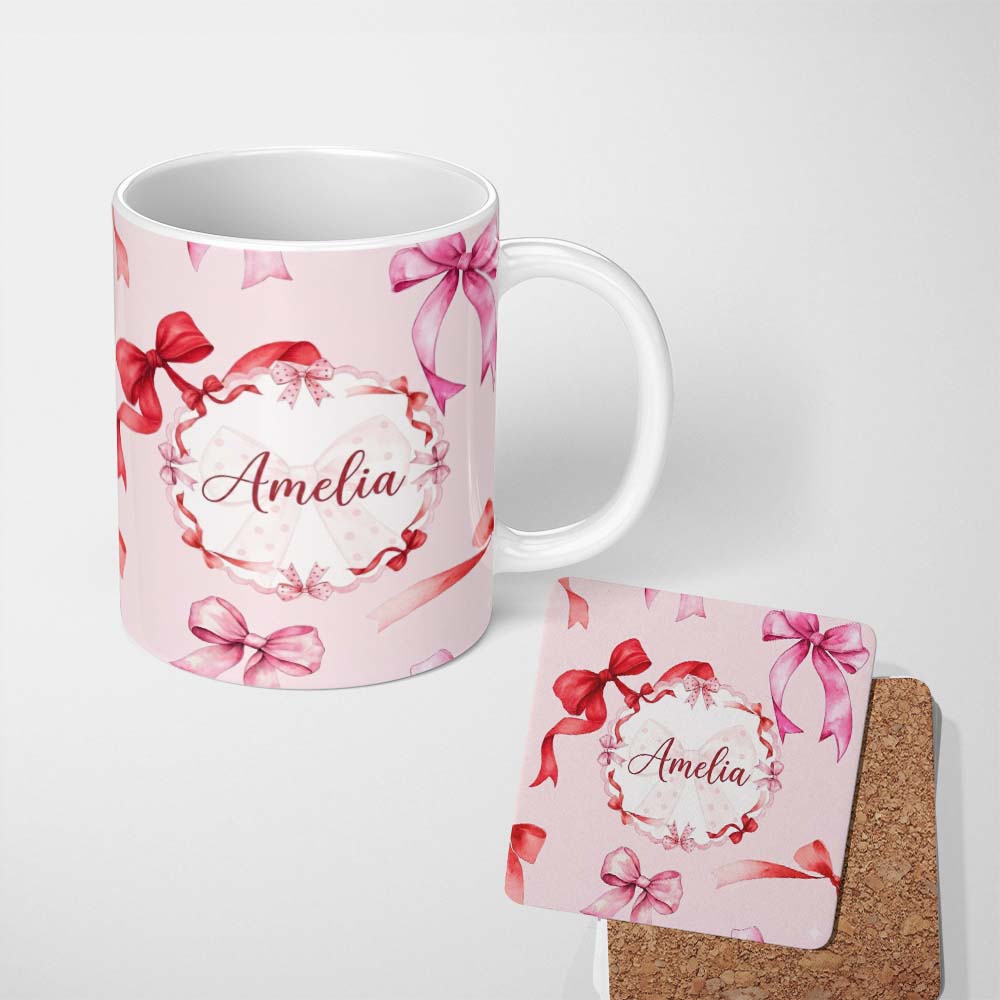 Personalized Custom Name Watercolor Ribbon Bow Seamless Pattern on Soft Blue Background 11oz Ceramic Coffee Tea Mug White Large Handle
