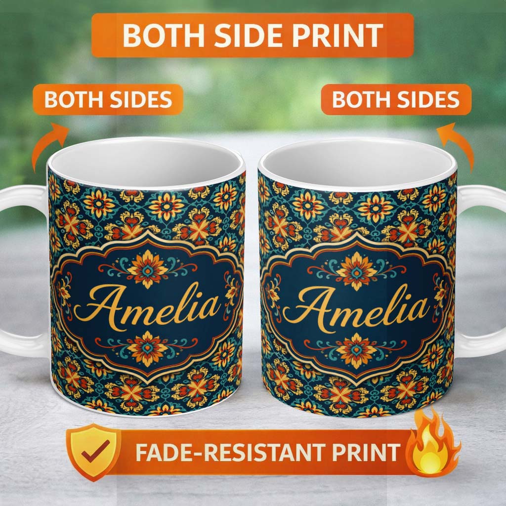 Personalized Custom Name Teal and Mustard Ornate Floral Tile Pattern with Symmetrical Vintage 11oz Ceramic Coffee Tea Mug White Large Handle
