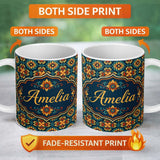 Personalized Custom Name Teal and Mustard Ornate Floral Tile Pattern with Symmetrical Vintage 11oz Ceramic Coffee Tea Mug White Large Handle
