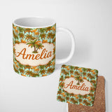 Personalized Custom Name Tropical Palm Tree Summer Beach Seamless Pattern on Mint Background 11oz Ceramic Coffee Tea Mug White Large Handle