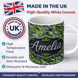 Personalized Custom Name Green Glass Cube Abstract Futuristic Seamless Pattern Lovely 11oz Ceramic Coffee Tea Mug White Large Handle